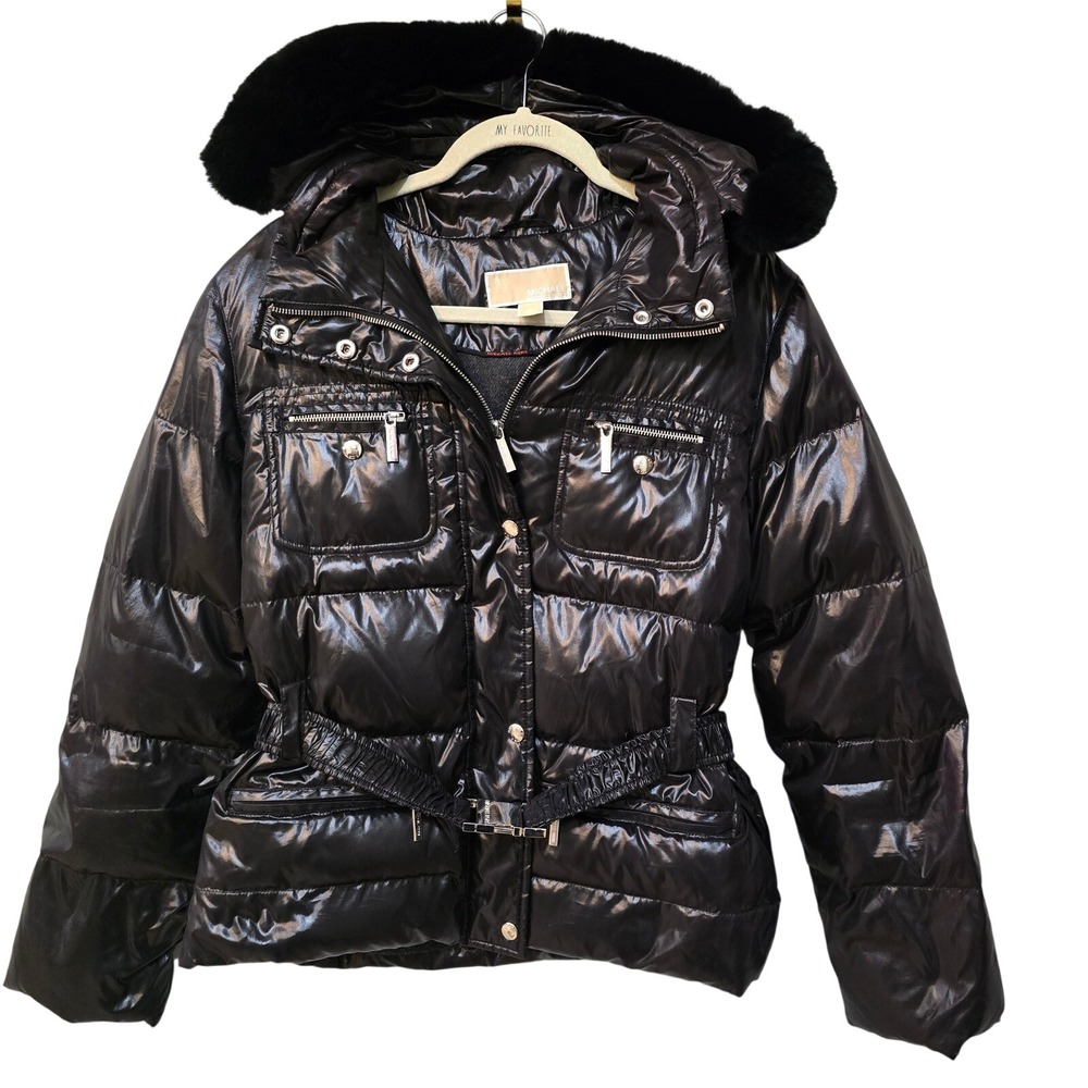 Michael Kors Womens Shiny Black Belted Puffer Jacket Faux Fur Hood Small